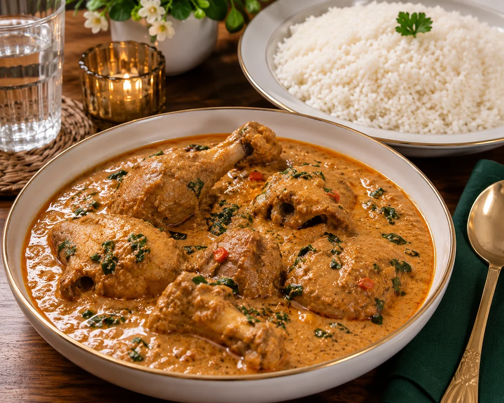 Creamy Nigerian groundnut sauce with chicken served with white rice